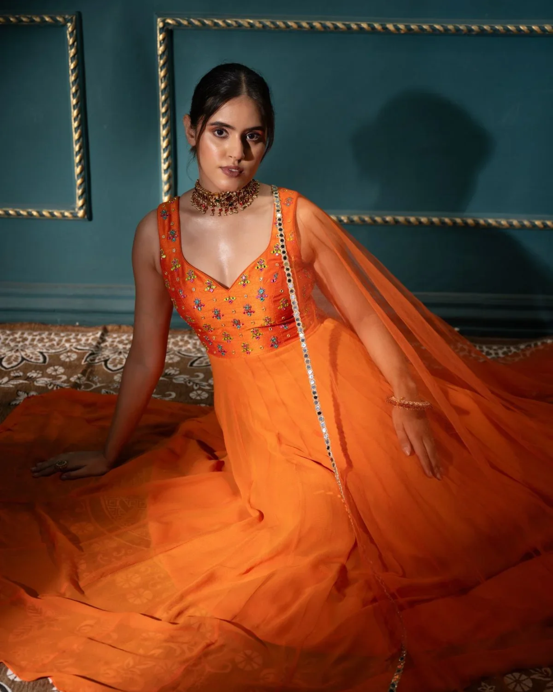 Anisha Shetty - Orange Anarkali With Multicolor Work From Rangin