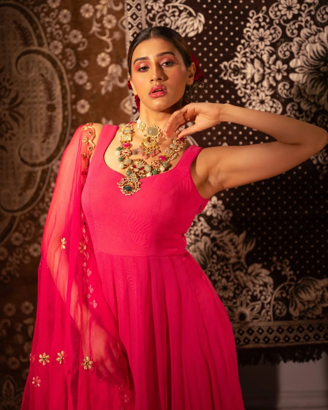 Anisha Shetty - Rasberry Pink Anarkali With Scallop Gota & Mirrorwork Dupatta From Rangin