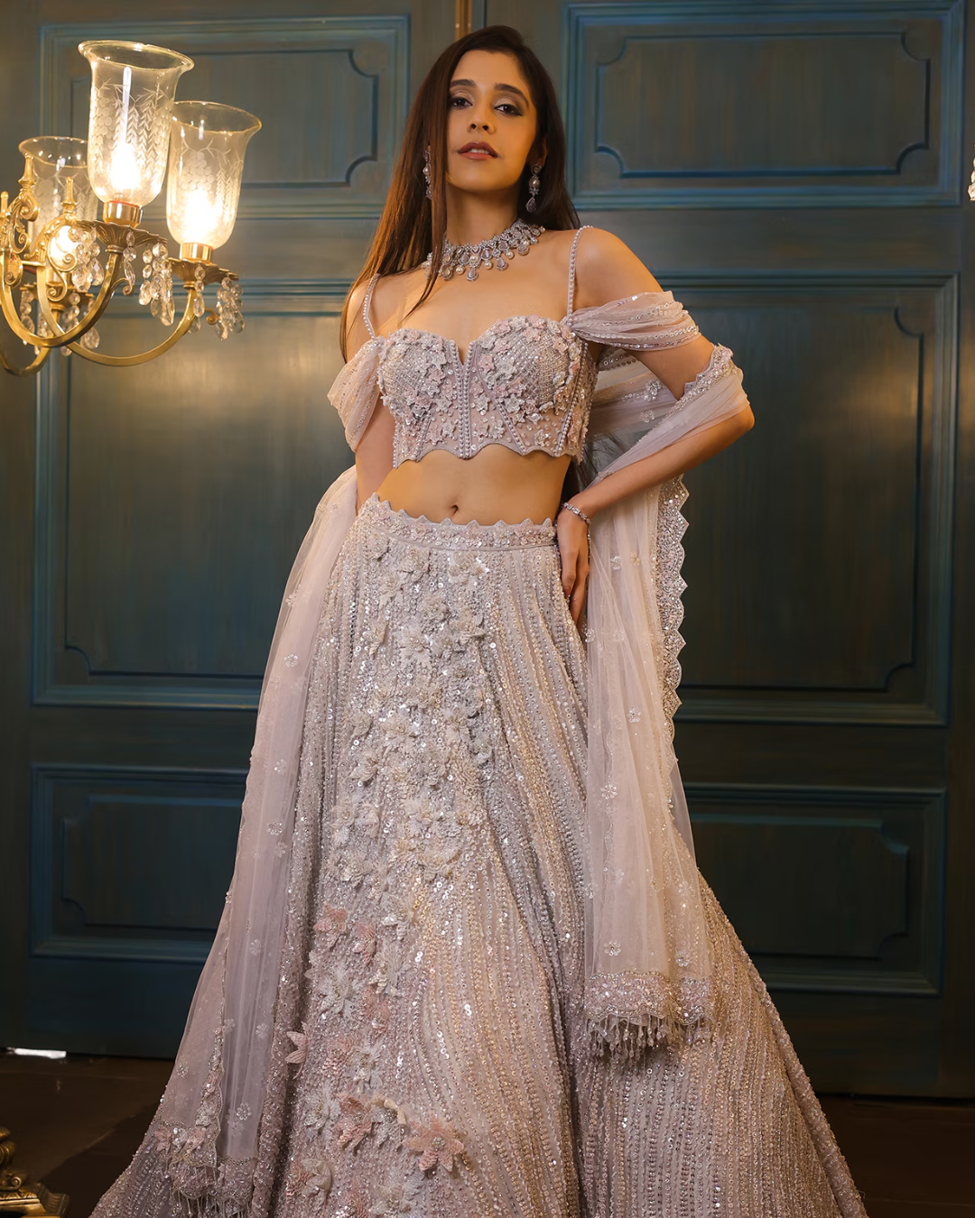 Isa by Dolly Wahal - Powder Blue Net 3D Floral Embroidered Lehenga Set