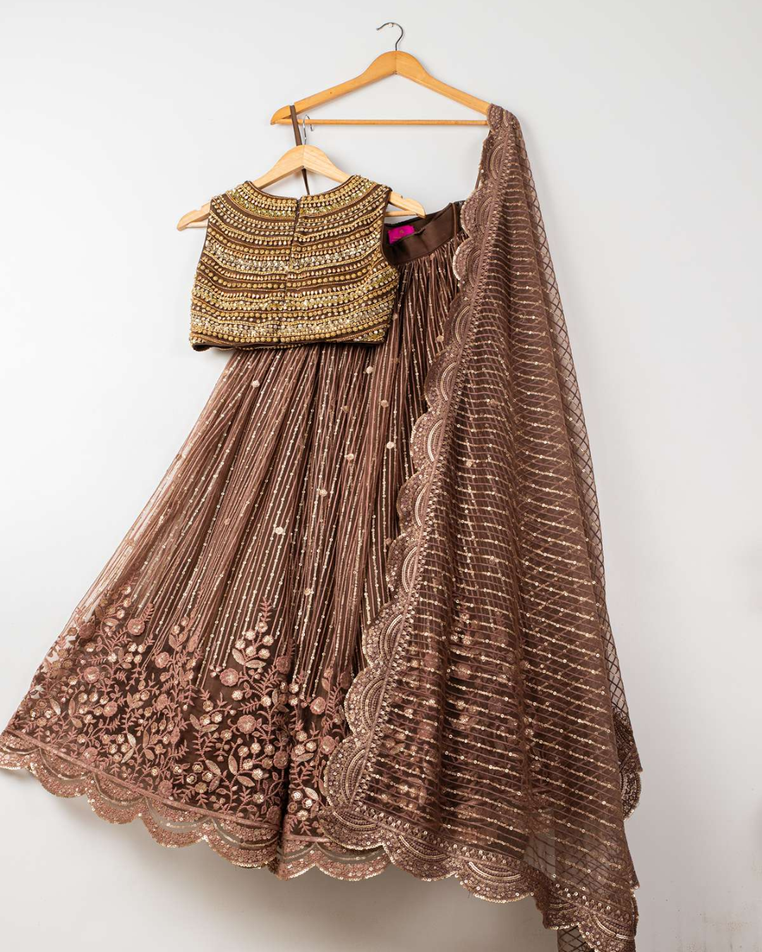 Anisha Shetty - Mocha Embroidered Gold Lehenga Set