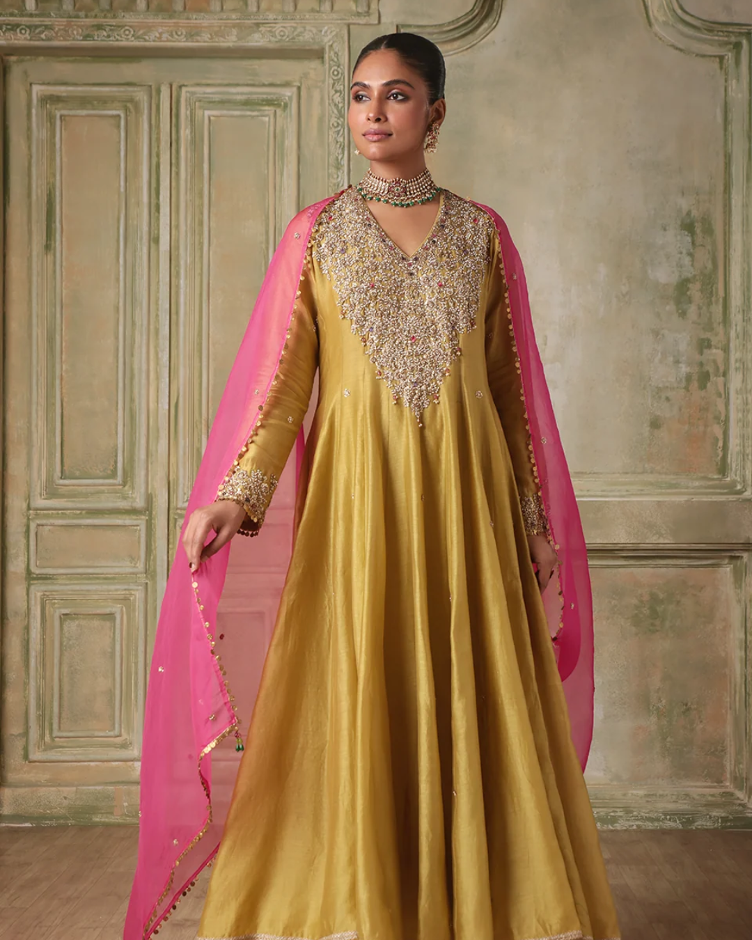 Niti Bothra - Zar-Rang Green V Neck Kalidar Set