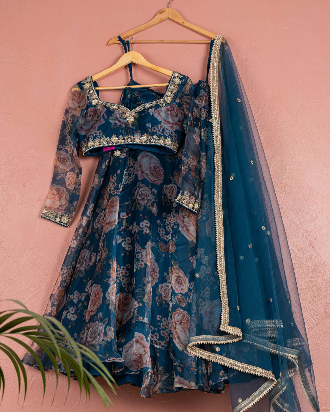 Anisha Shetty - Bahama Blue Floral Organza Lehenga With Organza Blouse Set