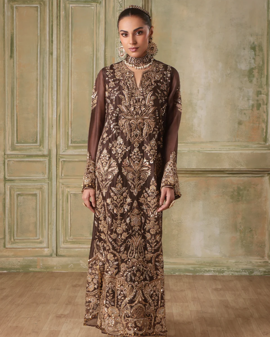 Niti Bothra - Zar-Rang Brown Heavy Jaal Kaftan Set
