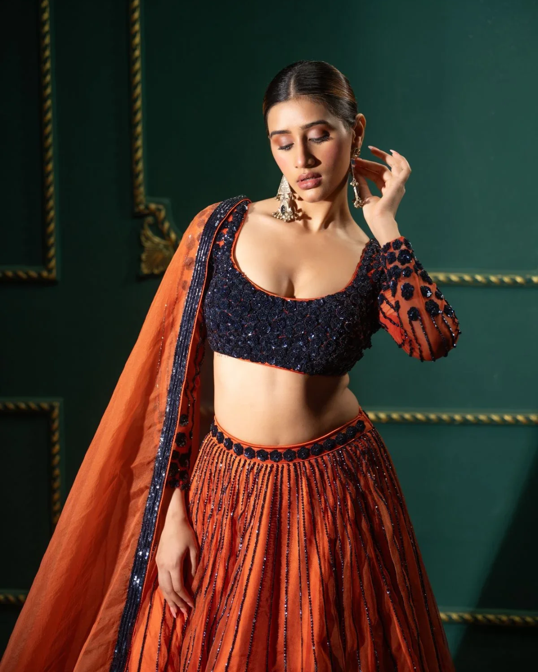 Anisha Shetty - Rust Organge Sequin Lehenga Set From Rangin