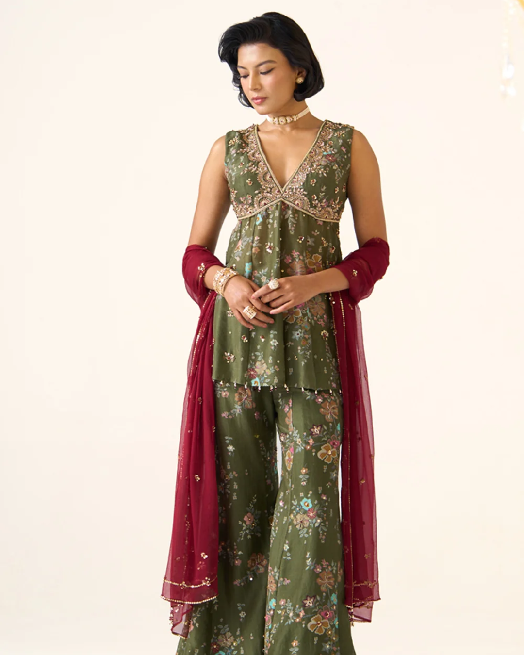 Prevasu - Olive Printed Sharara Set From Gulabo