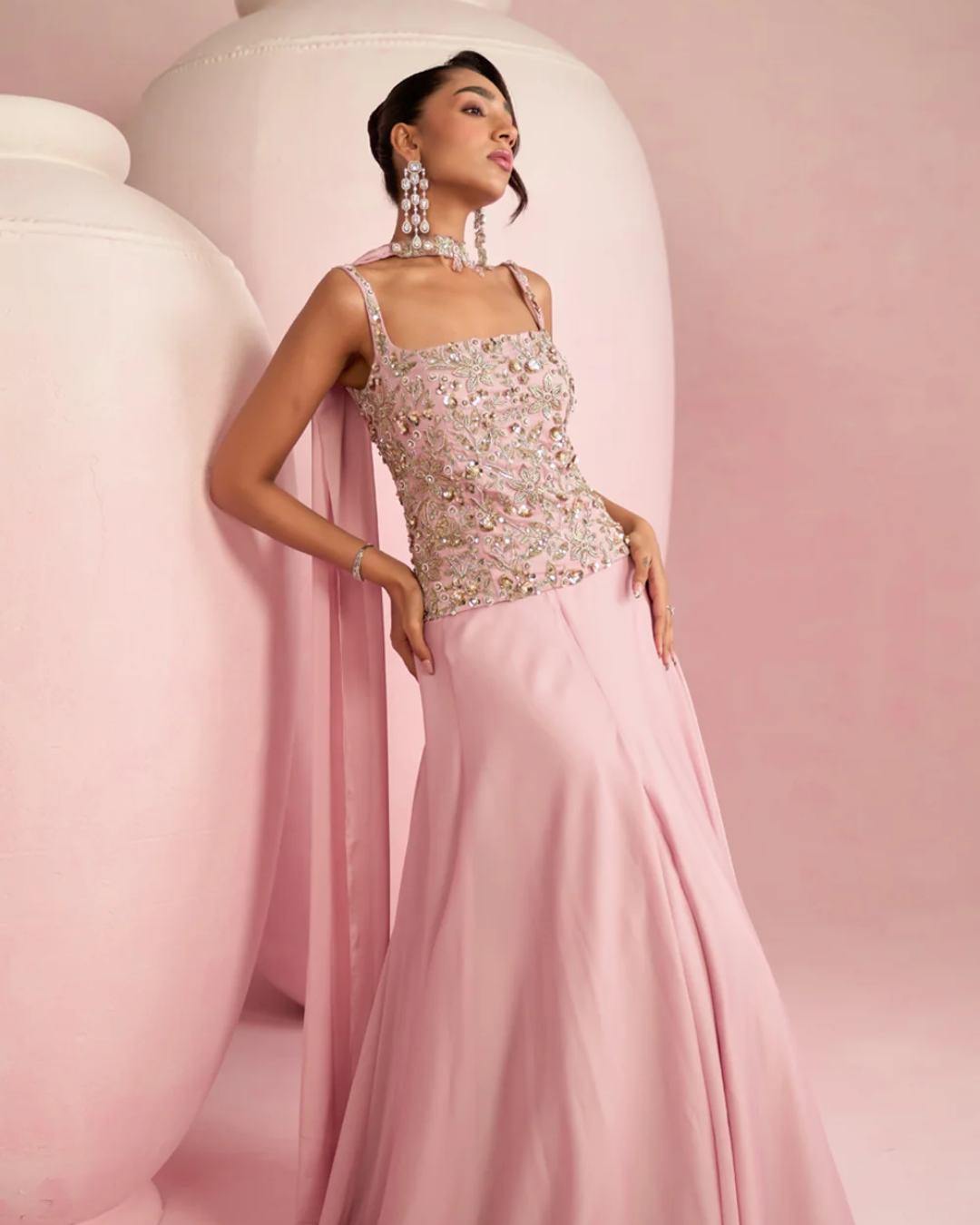 Prevasu - Soft Pink Corset Top & Skirt Set From Solene