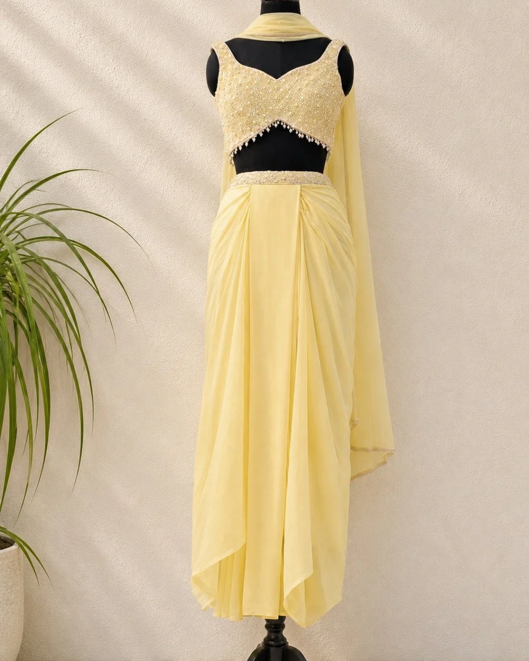 Anisha Shetty - Butter Yellow Sequin And Pearl Blouse With Pleated Skirt And Dupatta