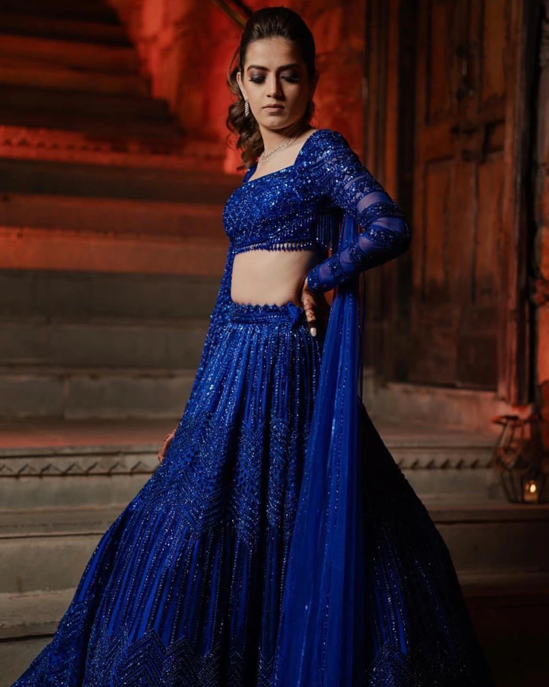 Isa by Dolly Wahal - Blue Net Crystal & Cutdana Embroidered Lehenga Set