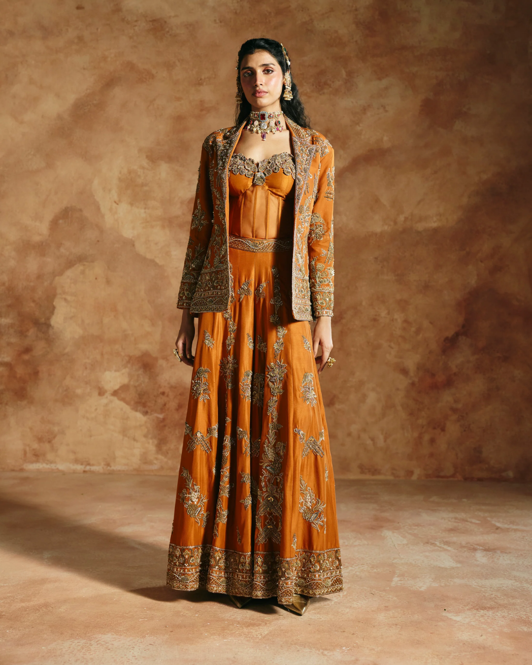 Aman Takyar - Orange Jacket Sharara Set From Today's Sindh