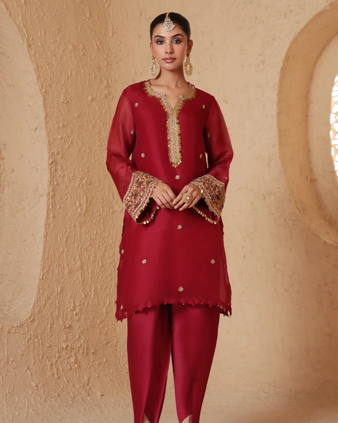 Niti Bothra - Zar-Rang Maroon Short Kurta Set