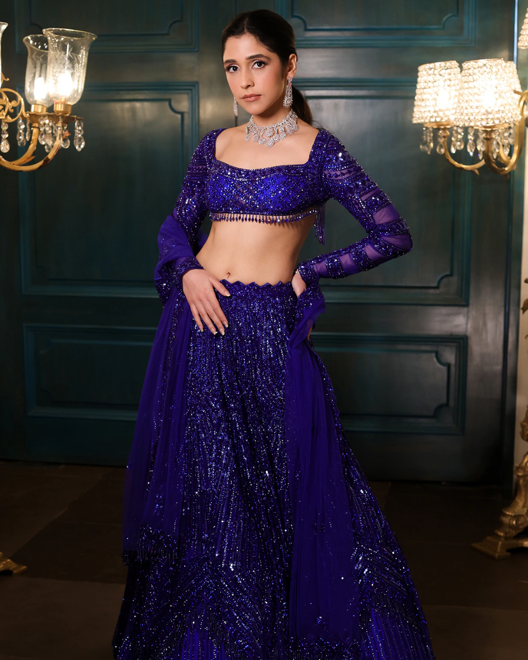 Isa by Dolly Wahal - Electric Blue Net Sequins Embroidered Lehenga Set