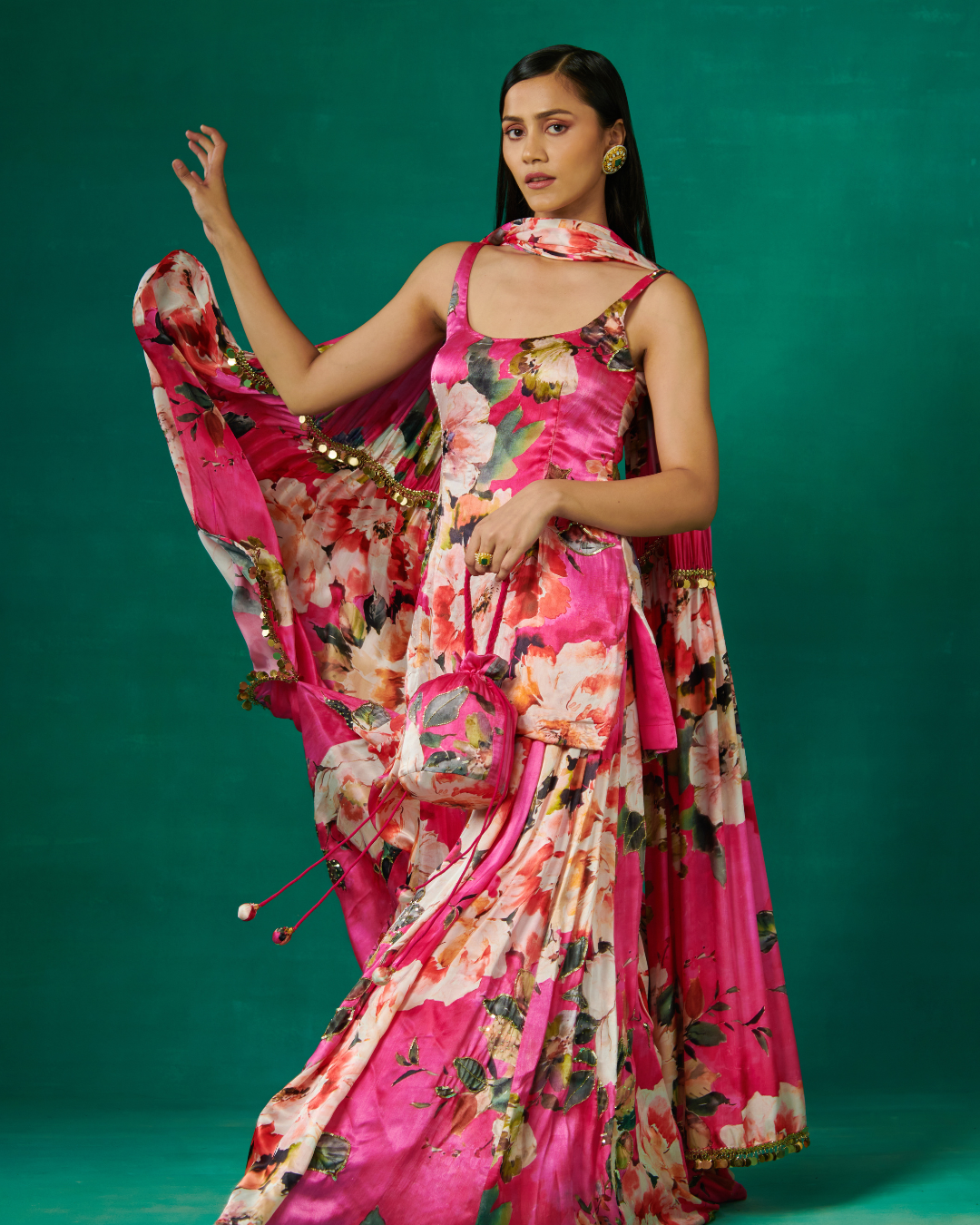 Sonali Bansal - Pink floral print kurta with flared sharara and dupatta From Bageecha