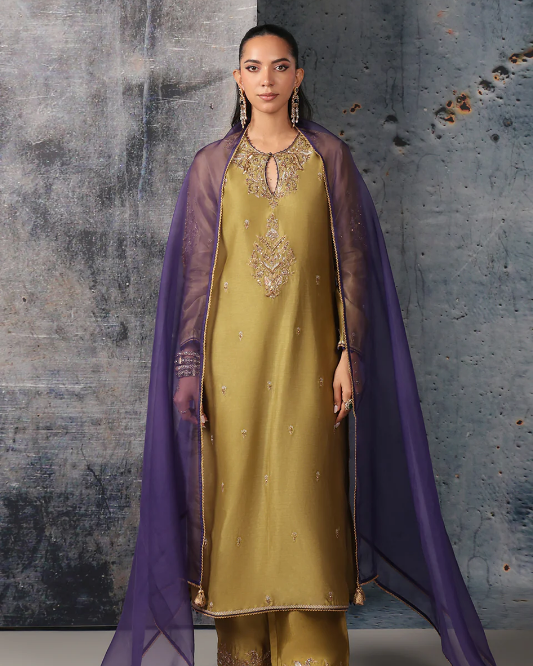 Niti Bothra - Mehrang Olive Green Straight Long Kurta Set