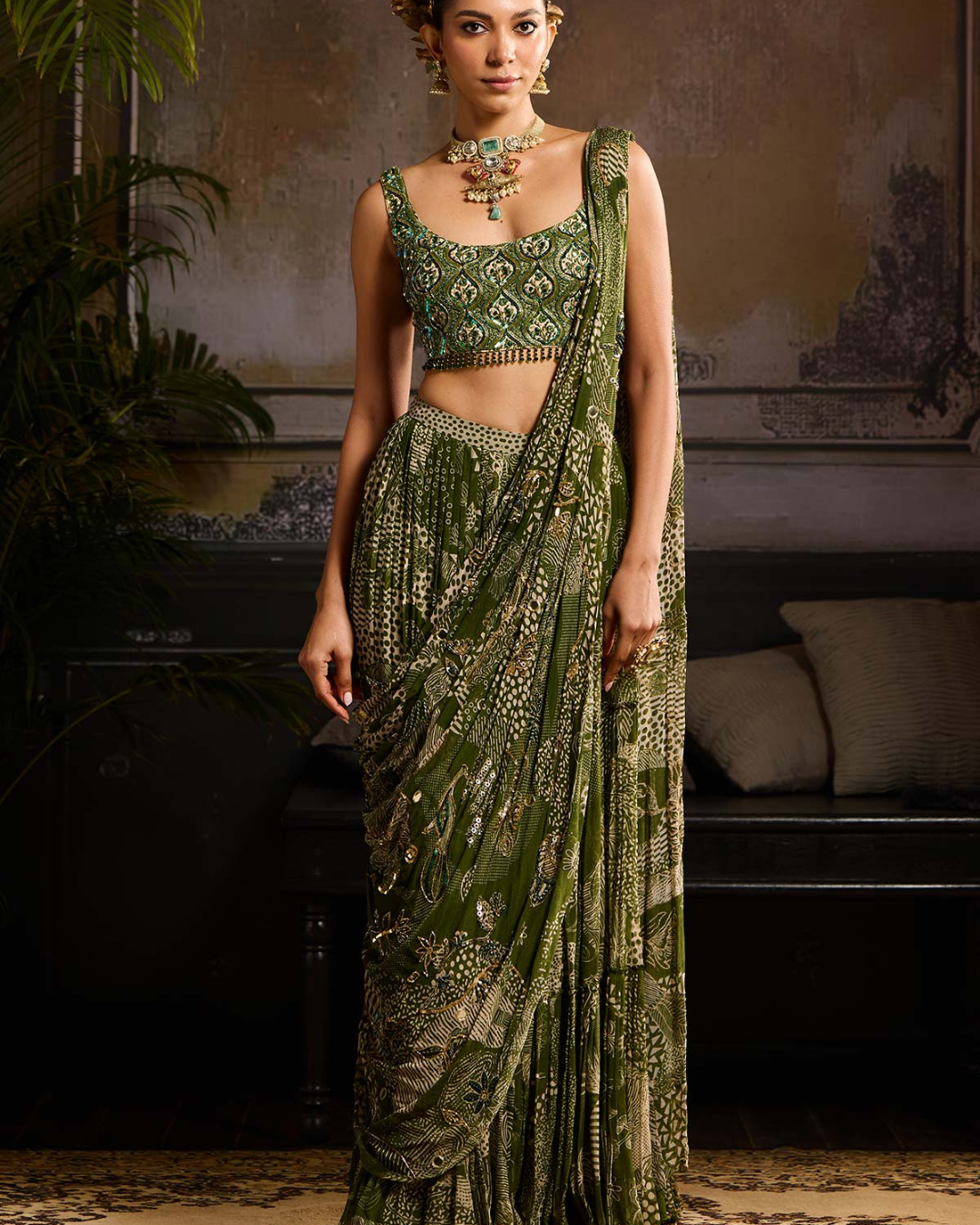 Diya Rajvvir - Sage Green Print and Highlighted Skirt Saree Set