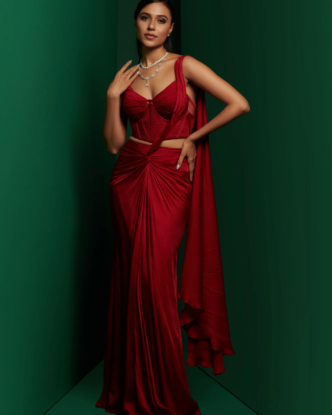 K&A by Karishma and Ashita - Cherry red structured double corset with front knot drape From Barre Oblique
