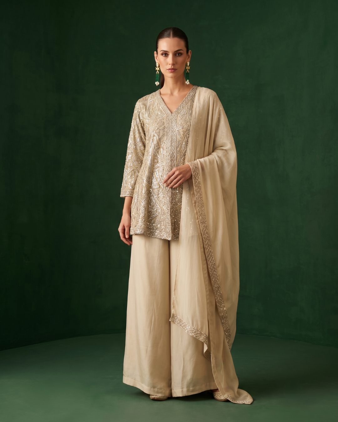Basanti Kapde Aur Koffee - Pearl Ash Embroidered Sharara Set From Suits & Shararas