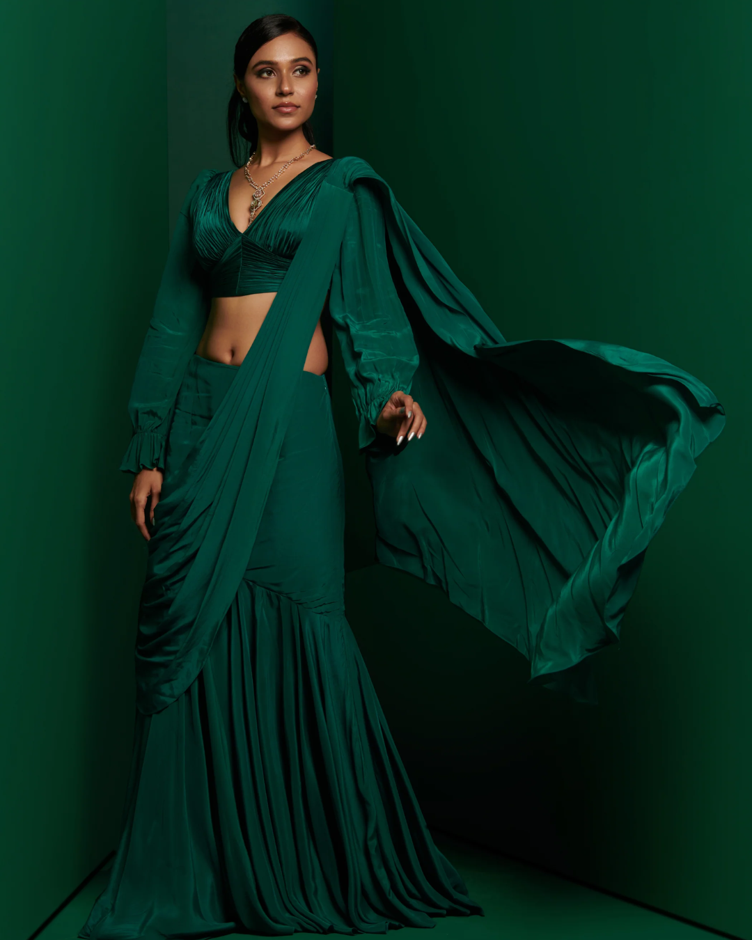 K&A by Karishma and Ashita - Bottle green gathered blouse with skirt drape saree From Barre Oblique