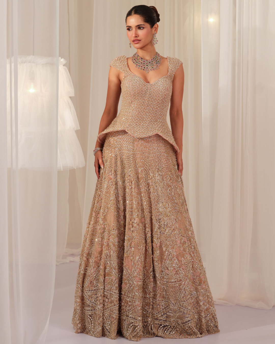 K&A By Karishma And Ashita - Soft Blush Hand Embellished Peplum Corset With Lehenga & Dupatta From First Love