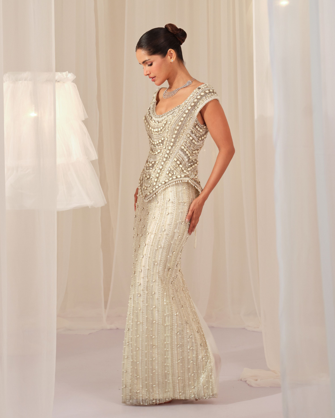 K&A By Karishma And Ashita - White Stone Crystal Corset with Beaded Pencil Skirt From First Love