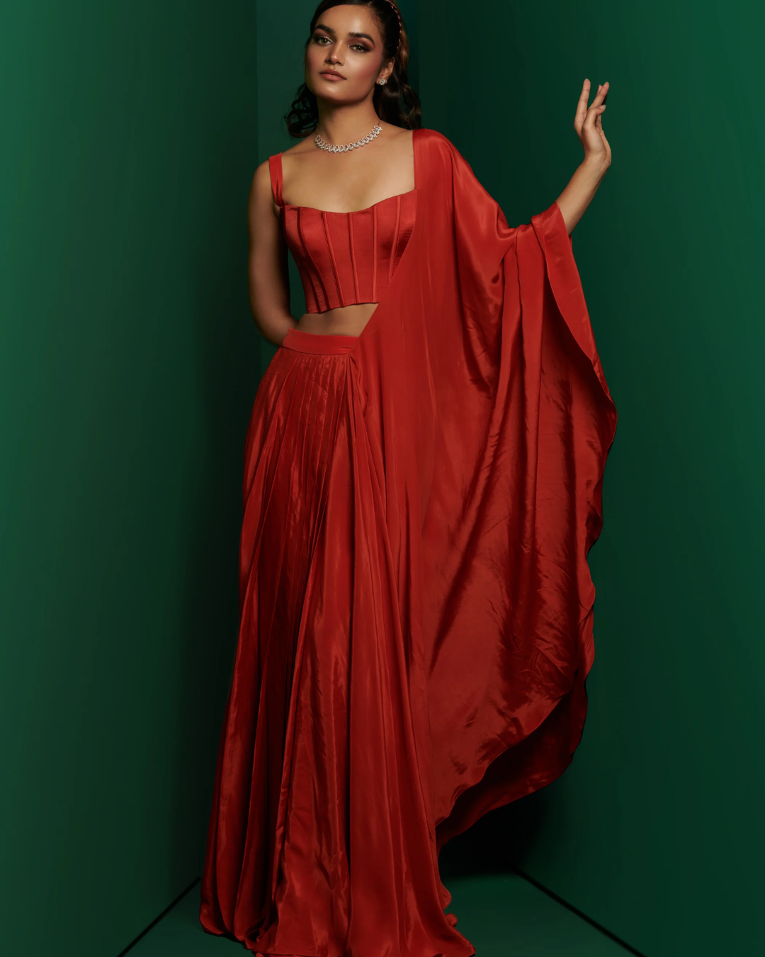 K&A by Karishma and Ashita - Rust orange tie up corset with pre pleated drape saree From Barre Oblique
