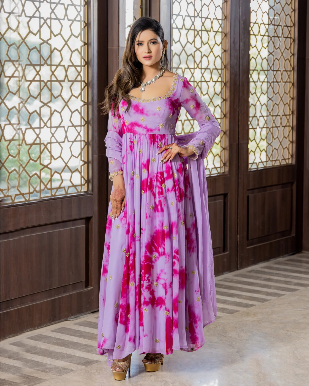 Sonali Bansal - Bulbul -Mauve tie and dye hand embroidered anarkali set From Phiroza