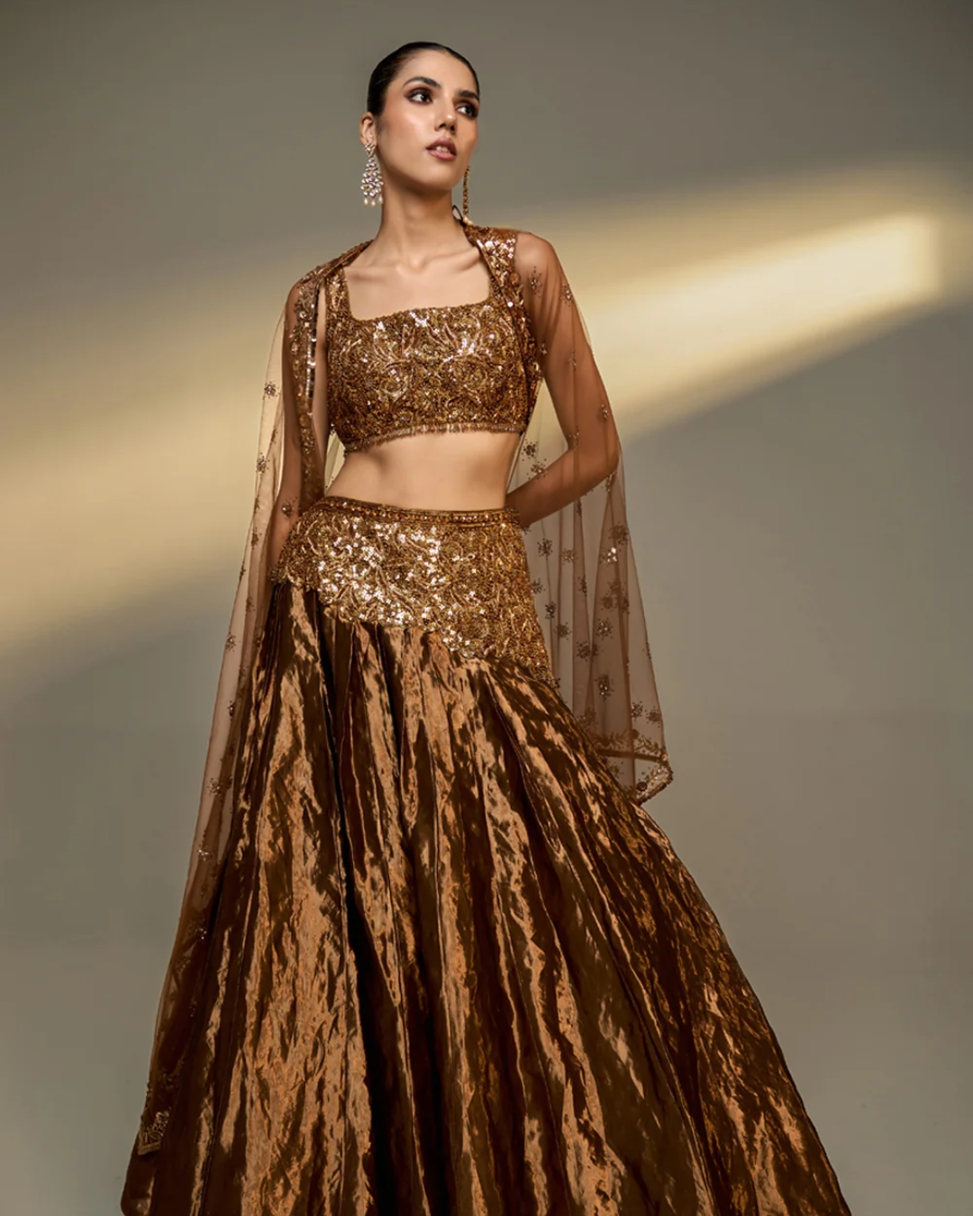 Prevasu - Copper Gold Embroidered Lehenga Set From The Mocha Edit