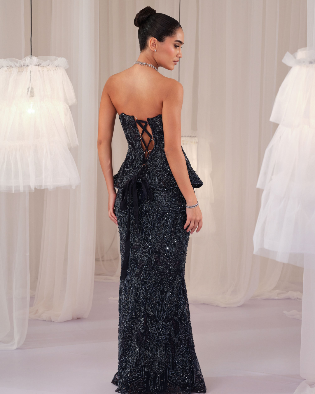 K&A By Karishma And Ashita - Midnight Blue Embellished Corset With Pencil Skirt From First Love