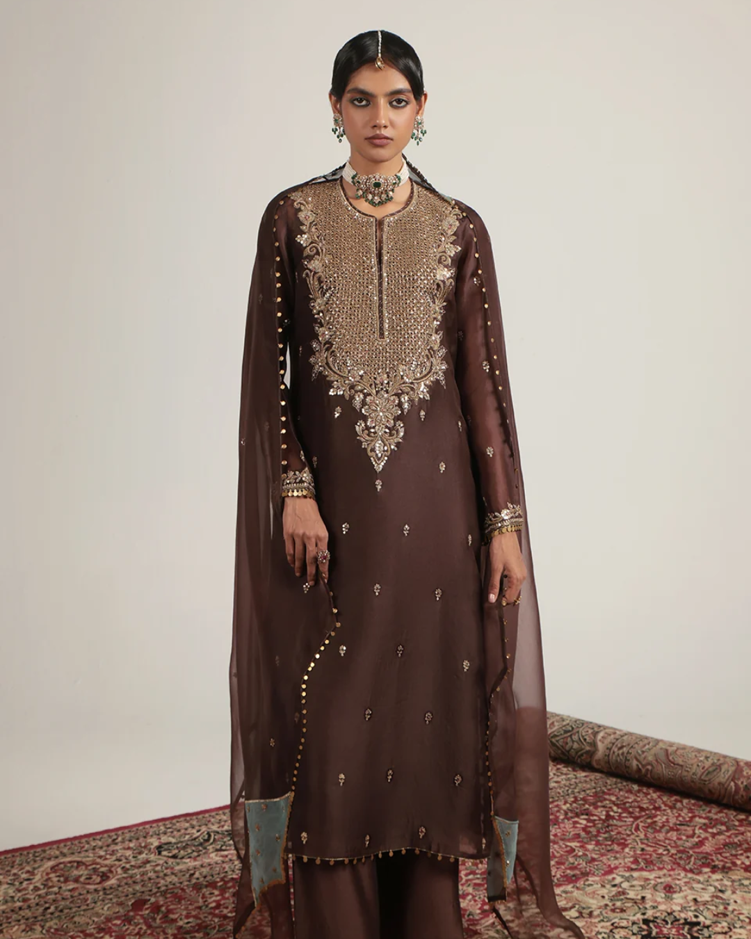Niti Bothra - Zar-Rang Brown Long Kurta Set