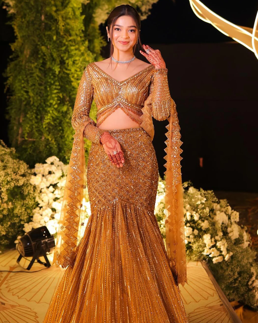 Isa by Dolly Wahal - Antique Gold Net Cutdana & Crystal Embroidered Fishcut Lehenga Set