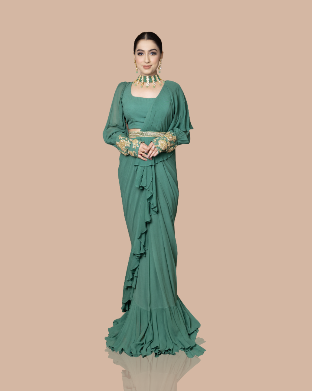 Sonali Bansal - Turquoise blue drape saree with ruffles paired with blouse and waist belt From Wedding Capsule