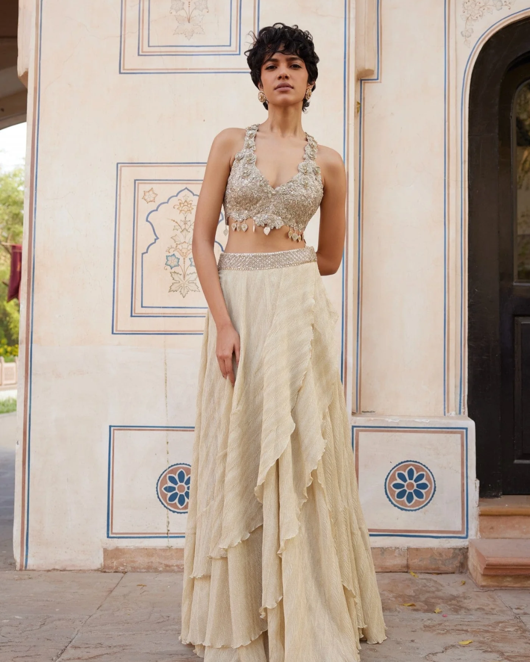 Osaa By Adarsh - Beige Champagne Embroidered Top and Frill Skirt From RASM