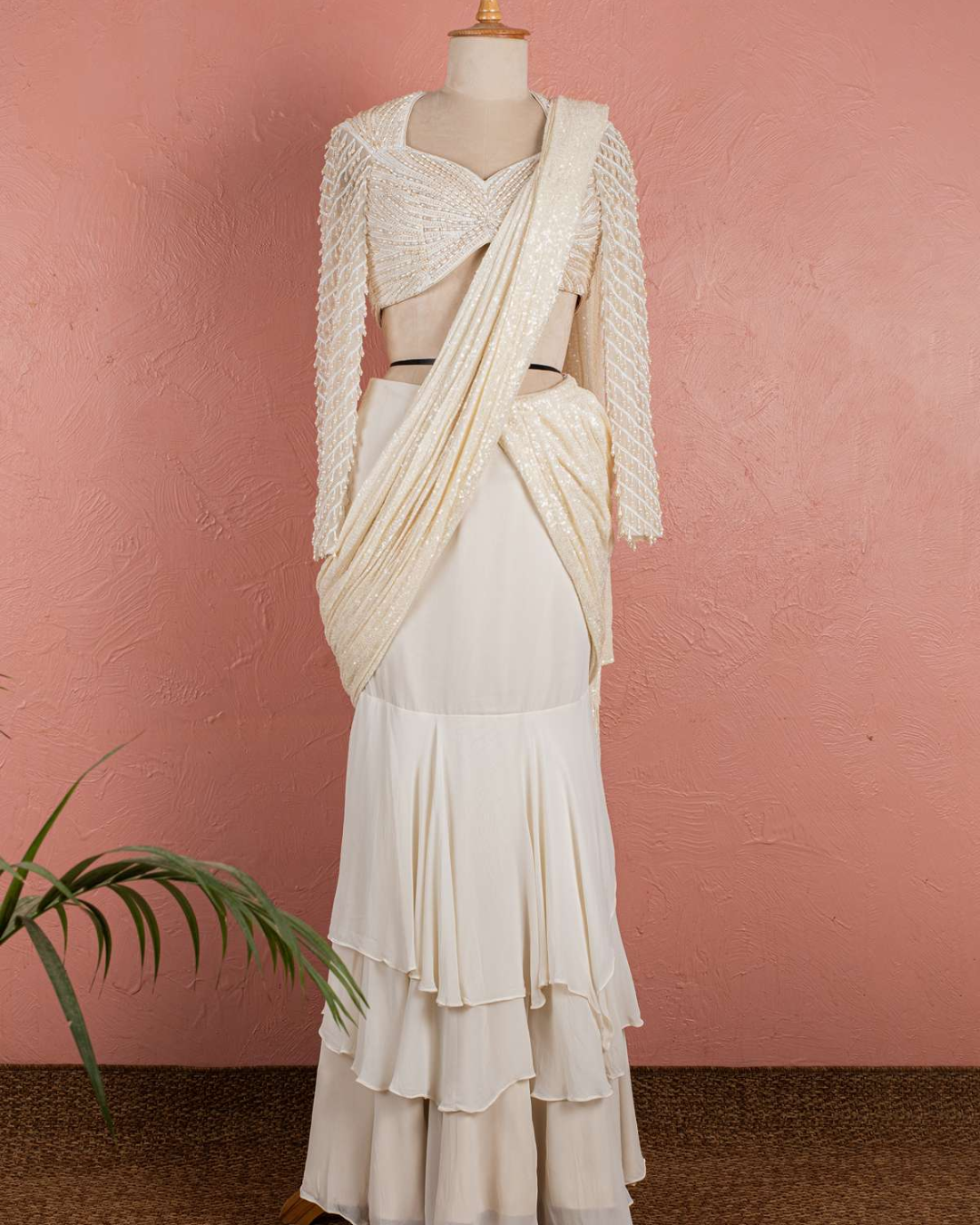 Anisha Shetty - Offwhite Pearl Stitched Saree