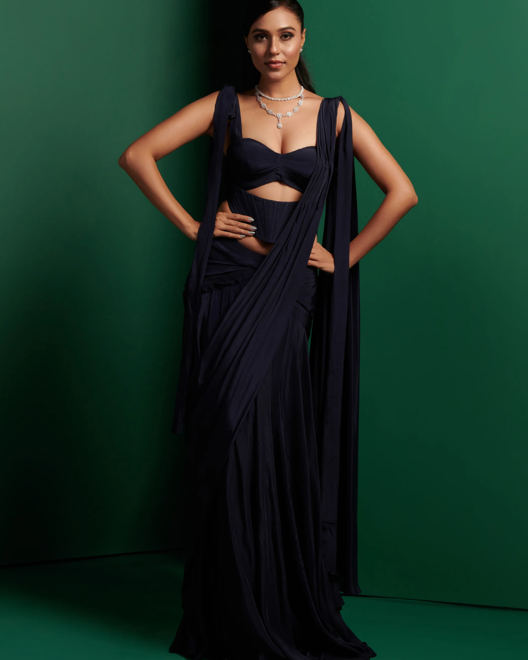 K&A by Karishma and Ashita - Midnight blue cut out corset with gathered skirt and drape From Barre Oblique