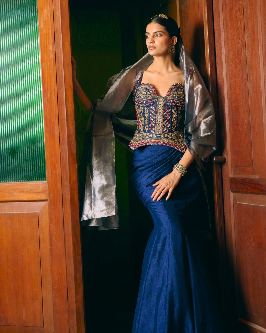 Aditi Gupta - Manikari Navy Blue Corset With Drape From Chitrakatha
