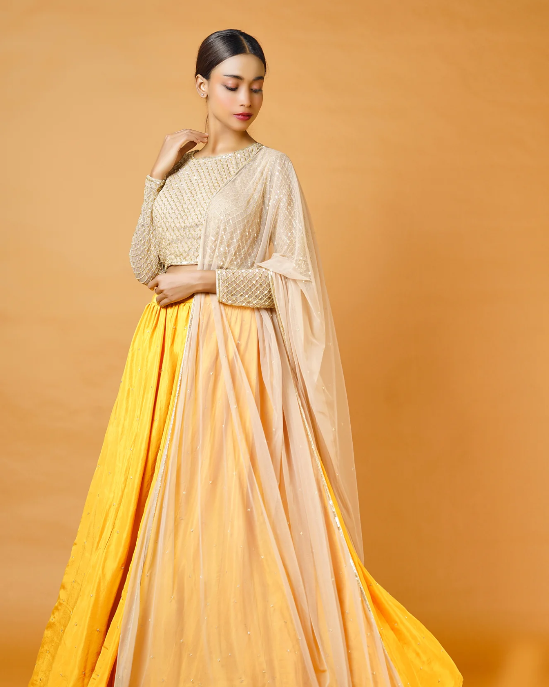 Sonali Bansal - Gold blouse and dupatta with fire yellow lehenga From Fiza