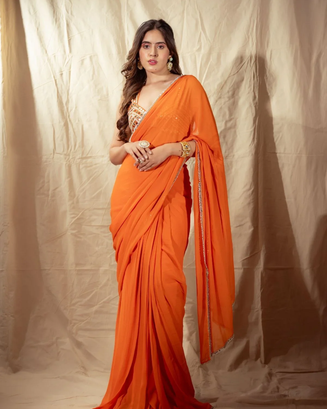 Anisha Shetty - Orange Prestitched Saree From Rangin
