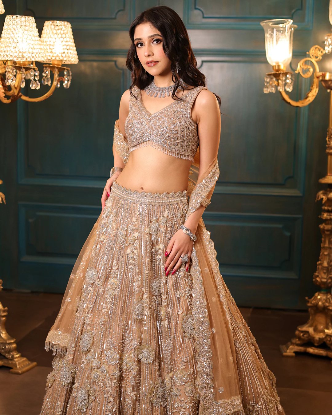 Isa by Dolly Wahal - Gold Net Hand Embroidered Lehenga Set