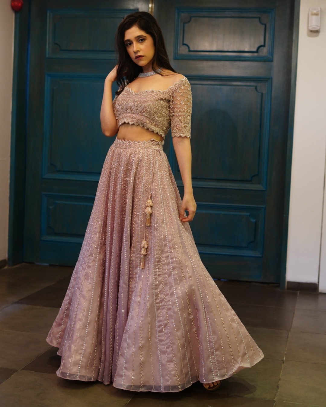 Isa by Dolly Wahal - Champagne Pink Lehenga From Athena