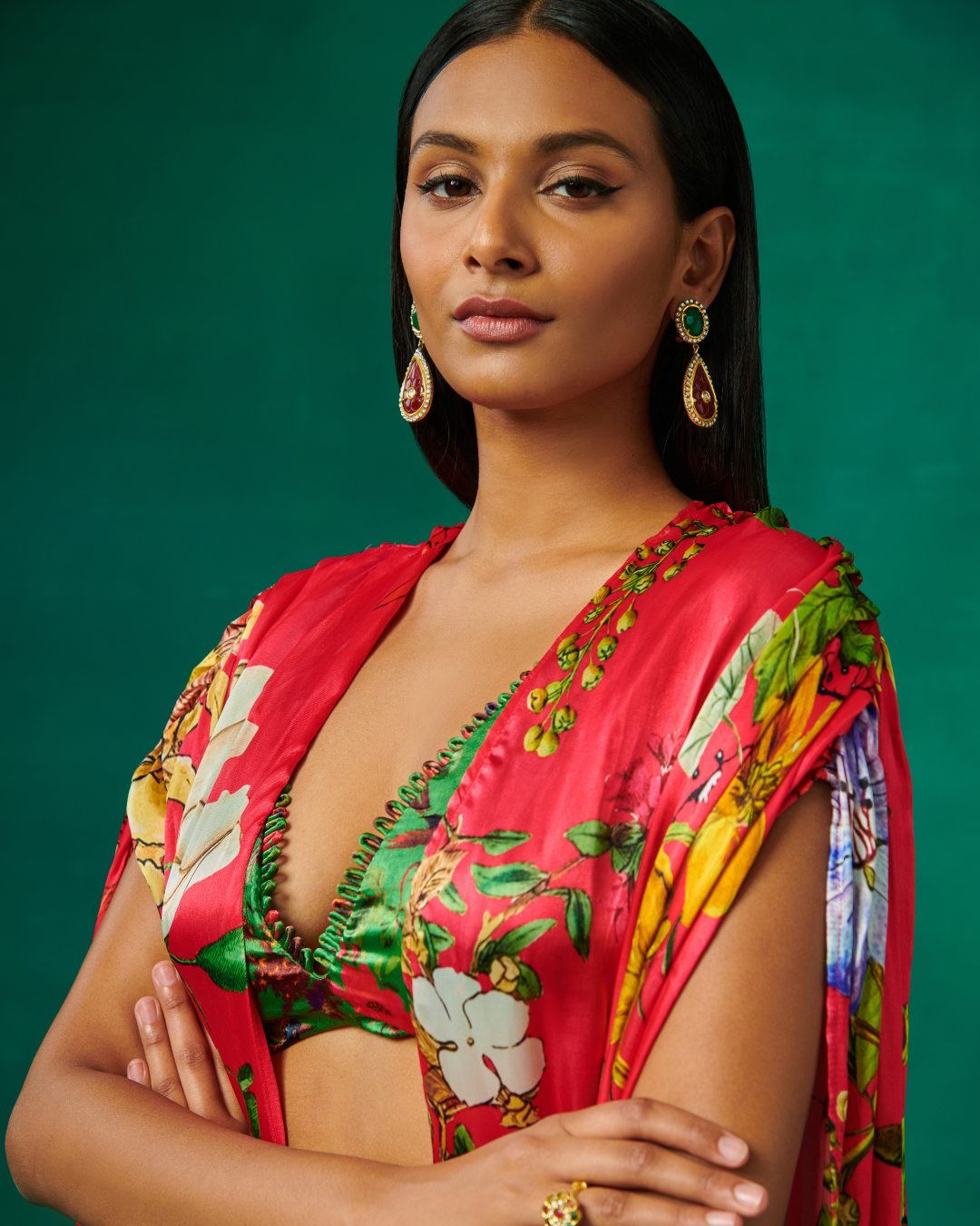 Sonali Bansal - Pink cape with green bustier and pants From Bageecha