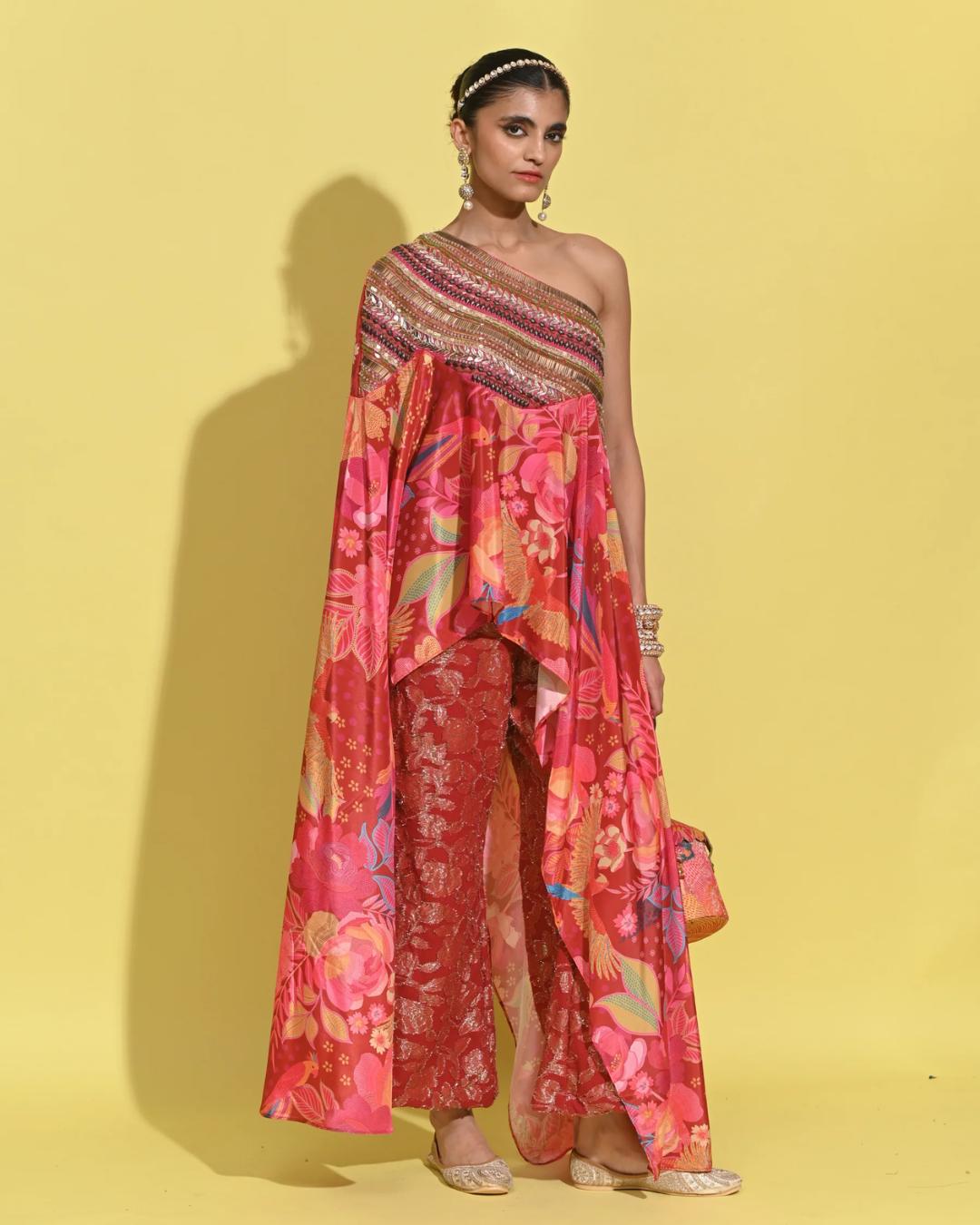Rishi and Vibhuti - Ruby Drape Cape Set From Tamasha
