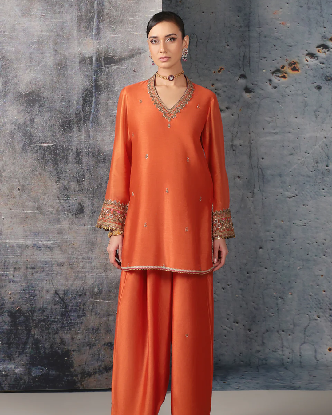 Niti Bothra - Mehrang Orange V Neck Short Kurta Set