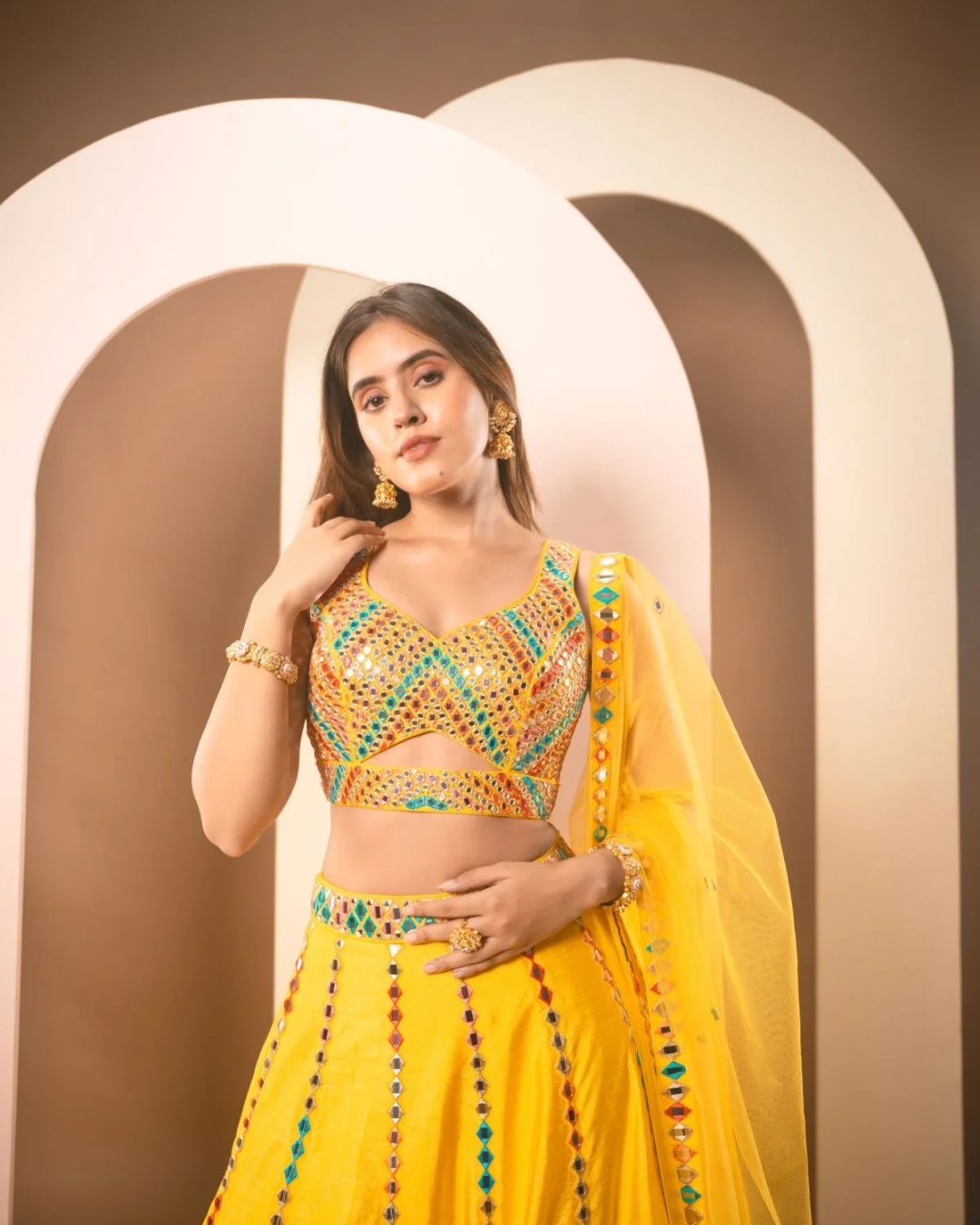 Anisha Shetty - Sunshine Yellow Multicolor Thread & Mirrorwork Lehenga Set From Rangin