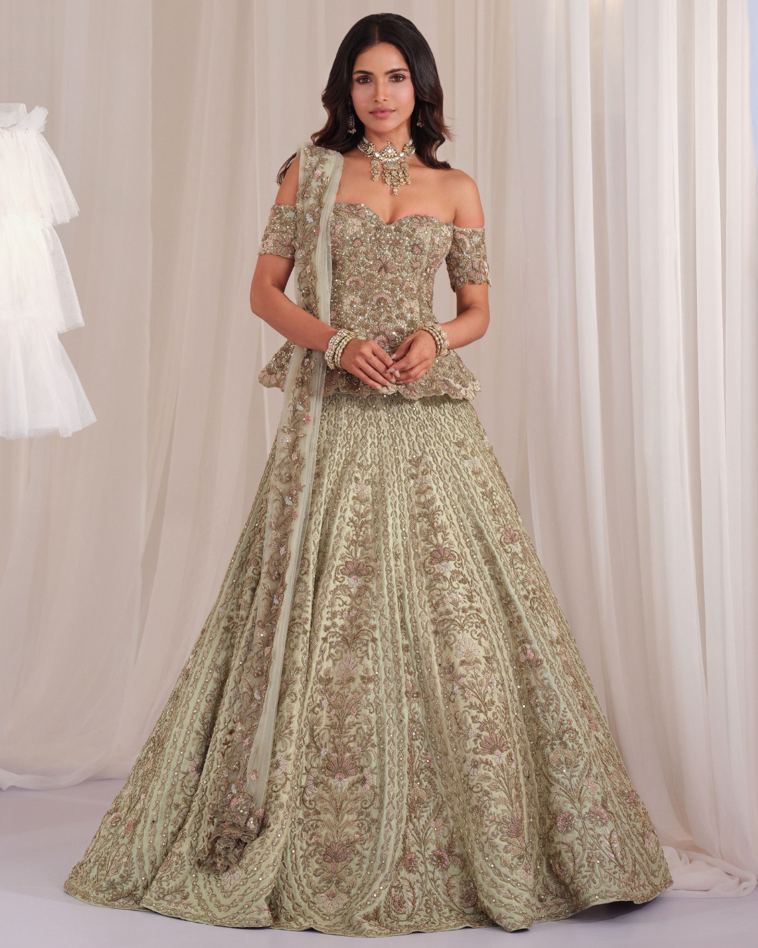 K&A By Karishma And Ashita - Sage Green Hand Embellished Peplum Corset with Lehenga & Dupatta From First Love