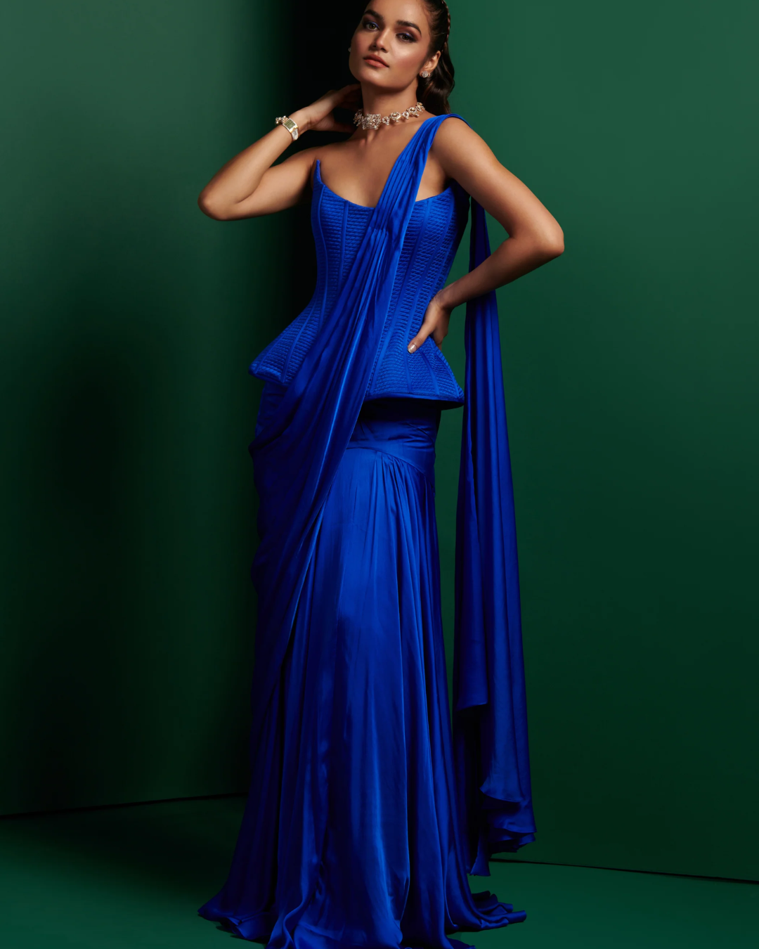 K&A by Karishma and Ashita - Electric blue victorian corset and drape From Barre Oblique