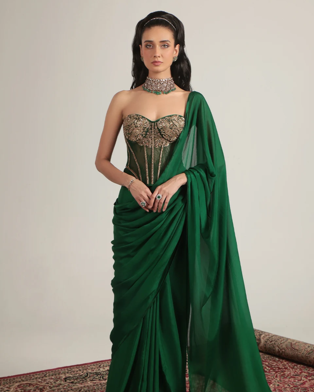 Niti Bothra - Zar- Rang Green Zardosi Corset Saree Set