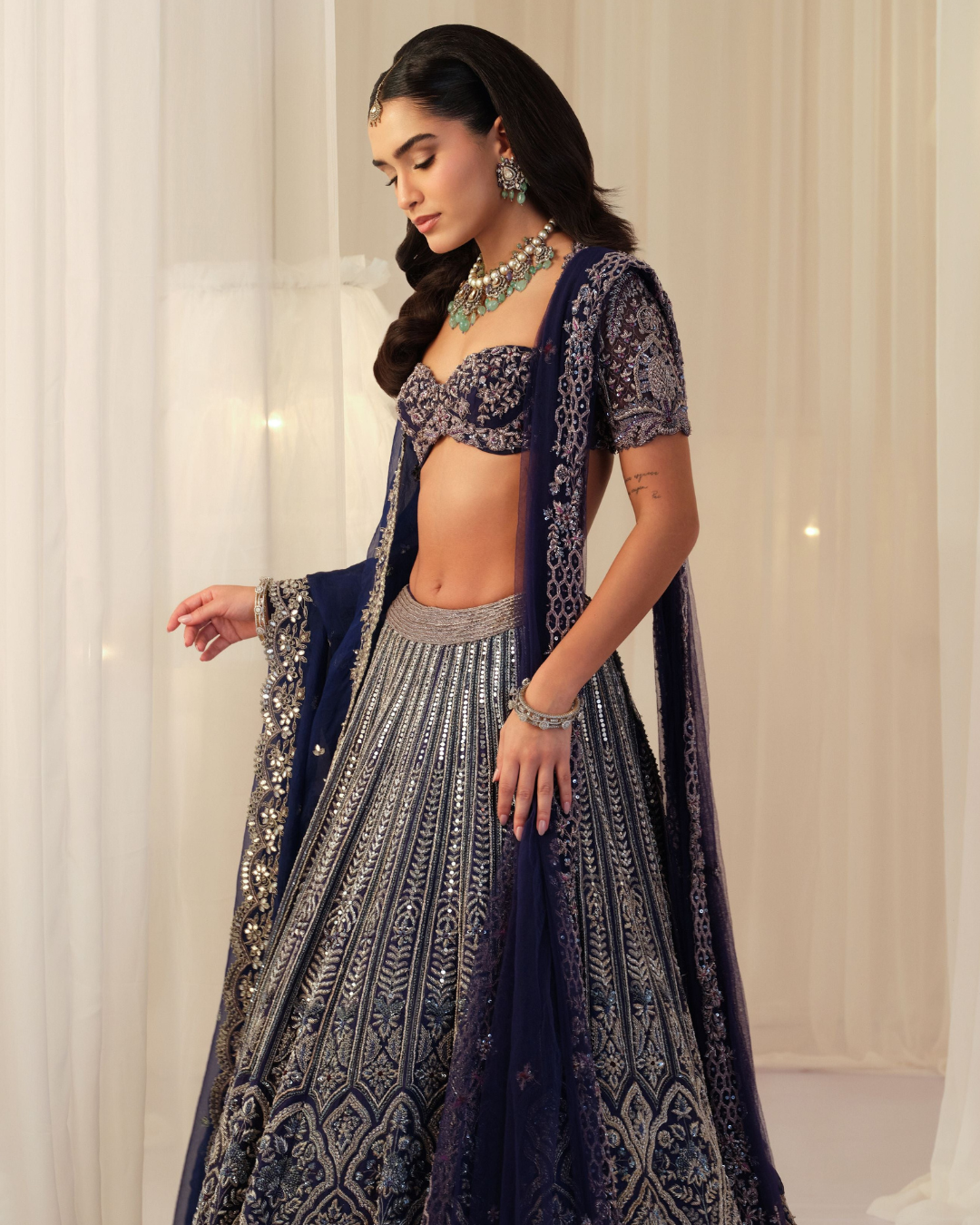 K&A By Karishma And Ashita - Indigo Hand Embellished Blouse With Raw Silk Lehenga & Dupatta From First Love