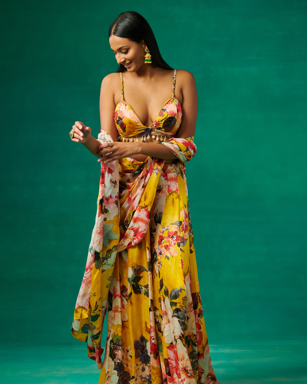 Sonali Bansal - Surajmukhi Yellow floral print blouse with flared sharara and drape attached to it From Bageecha