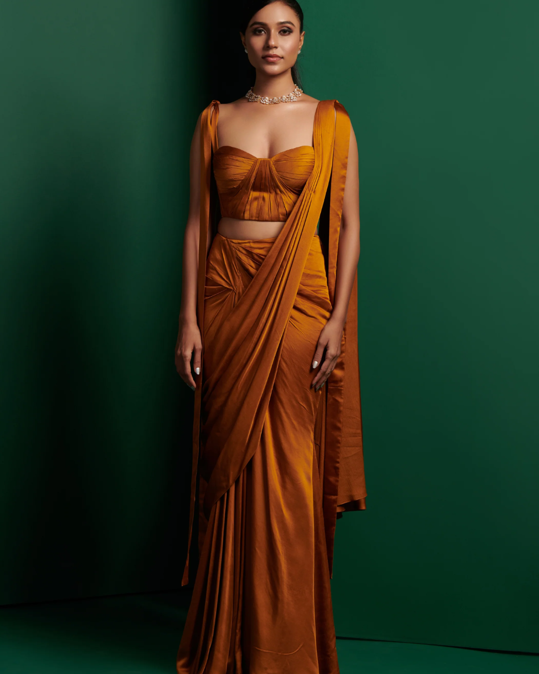 K&A by Karishma and Ashita - Mustard yellow corset and drape saree From Barre Oblique