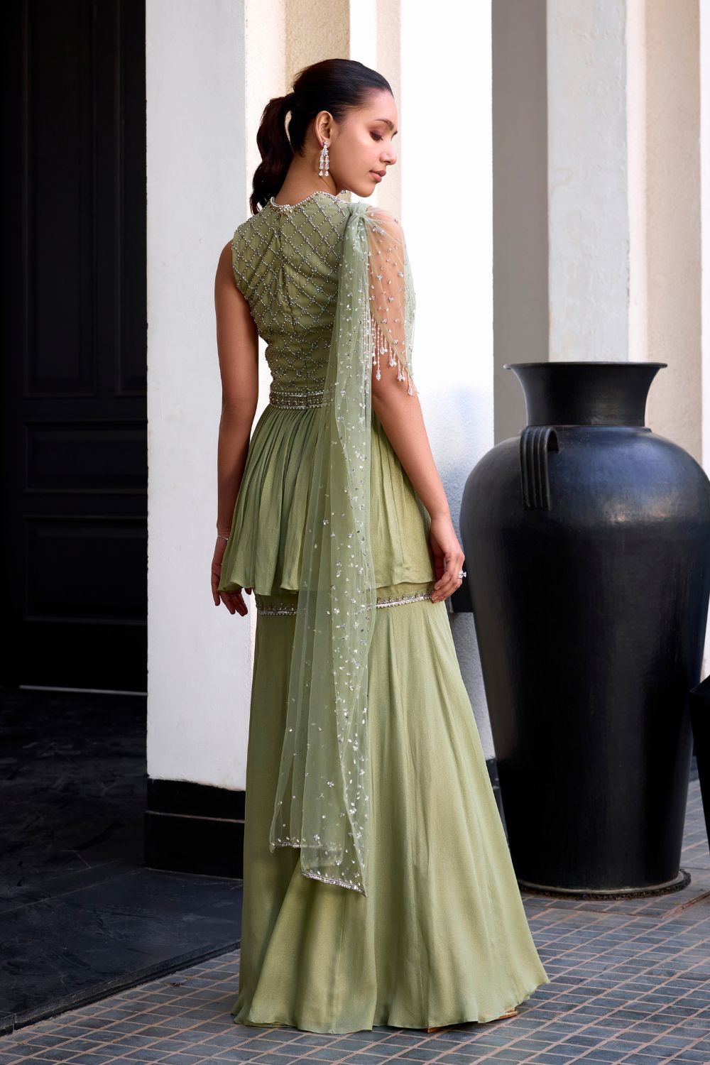 Sanya Gulati - Sage Green Peplum With Drape Set from Kia & Kyara