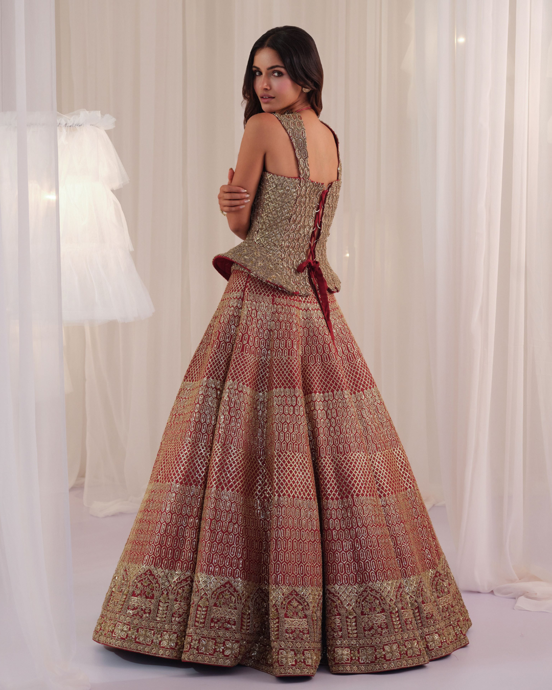 K&A By Karishma And Ashita - Maroon Raw Silk Lehenga With Peplum Sculpt Corset & Dupatta  From First Love